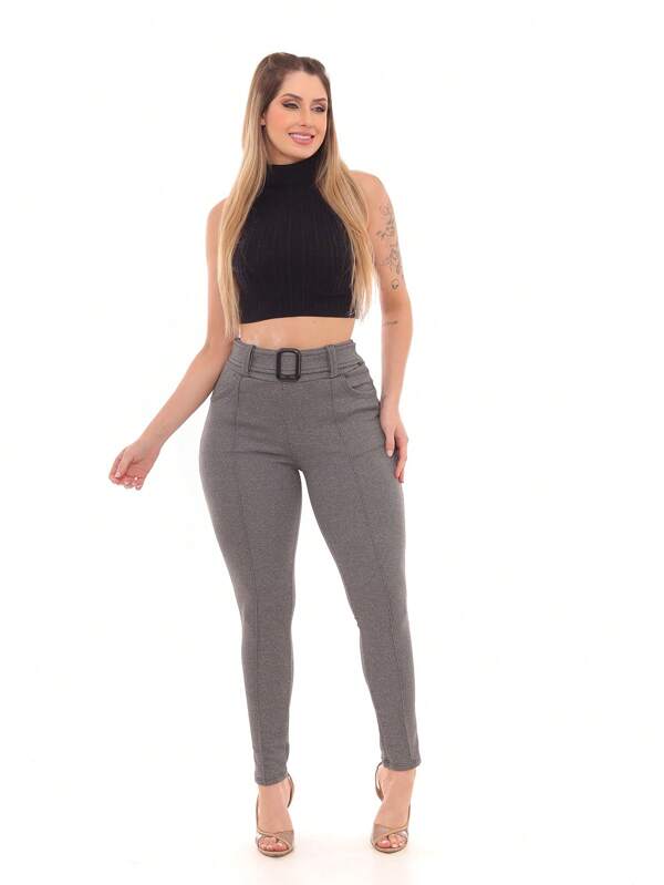 Calça Skinny Malha Crepe Com Cinto