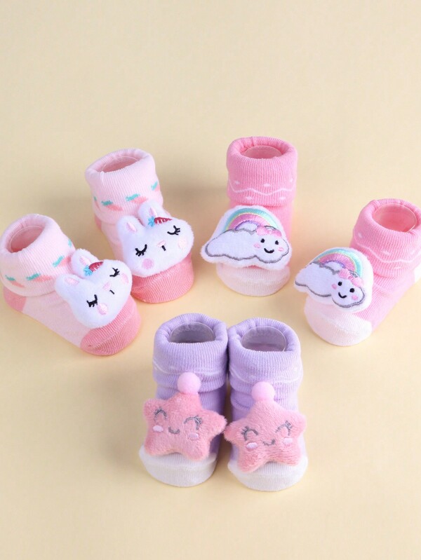 yaerbangni 3pairs Lovely Rabbit Cartoon Anti-slip Baby Floor Socks, Stuffed Toys With Built-in Bells
