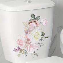 1pc Fresh Flower Toilet Sticker Pink Rose Removable Waterproof Vinyl Decal For Toilet Lid Tank Home Decor, 7.87*11.42in - Multicolor - View 6