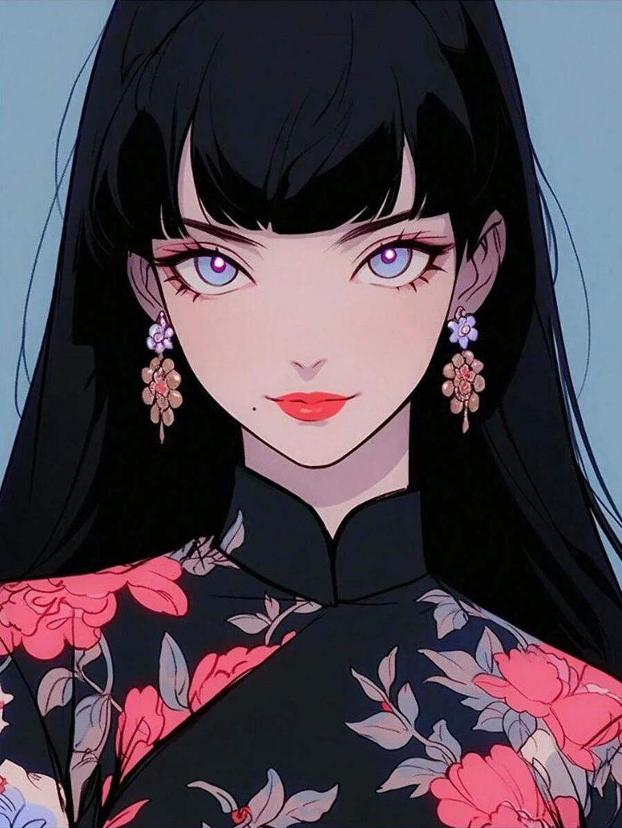 動漫插圖風格旗袍與多個美麗女子鑽石畫,新品上市,圓形或全鑽,diy馬賽克,適用於客廳家居裝飾,壁畫,創意刺繡,1套 - 彩色 - 查看 1