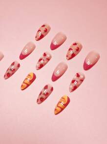 Add A Touch Of Creative With 24pcs Medium Almond Funny Ins Style Multicolor Red Plaid Cartoon Cute Strawberry&Pepper Fruit Floral Pattern Full Cover Fake Nai Kit For Women And Girls Press On Nails Nail Supplies - Multicolor - View 3