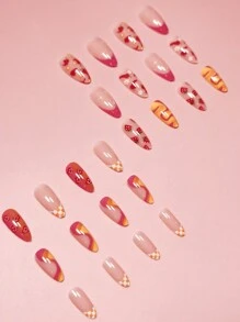 Add A Touch Of Creative With 24pcs Medium Almond Funny Ins Style Multicolor Red Plaid Cartoon Cute Strawberry&Pepper Fruit Floral Pattern Full Cover Fake Nai Kit For Women And Girls Press On Nails Nail Supplies - Multicolor - View 2