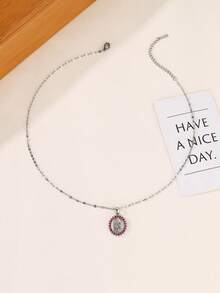 1 件椭圆形微镶嵌方晶锆石圣母玛利亚吊坠项链，不锈钢材质，简约宗教配饰，适合女性、婚礼、派对、日常佩戴。送给妈妈的珠宝礼物 - 玫紅色 - 查看 3