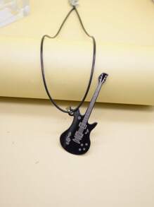 1pc European And American Style Music Note & Guitar Shaped Titanium Steel Necklace - Black - View 2