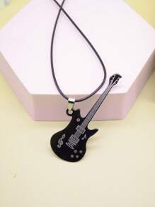 1pc European And American Style Music Note & Guitar Shaped Titanium Steel Necklace - Black - View 3