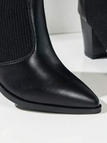 女士方頭粗跟時尚靴,彈性襪靴,柔軟 Pu 皮革,適合秋冬 2023 年中筒修身短靴 - 黑色 - 查看 6