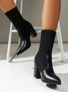 女士方頭粗跟時尚靴,彈性襪靴,柔軟 Pu 皮革,適合秋冬 2023 年中筒修身短靴 - 黑色 - 查看 2