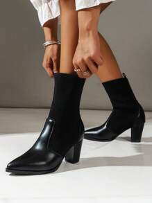 女士方頭粗跟時尚靴,彈性襪靴,柔軟 Pu 皮革,適合秋冬 2023 年中筒修身短靴 - 黑色 - 查看 3