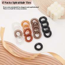 17入組多色捲髮繫帶，女孩無痕捲髮繞繩-無痕鬆緊髮帶和螺旋鬆緊髮帶，適用於馬尾和髮髻 - 彩色 - 查看 3