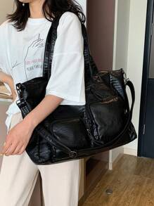 Túi Tote da PU màu đen dung tích lớn có họa tiết da cá sấu và nhiều ngăn, phù hợp cho nhiều dịp khác nhau, túi công sở thường ngày dành cho phụ nữ, hoàn hảo cho văn phòng, kinh doanh và công việc, túi công sở bắt mắt dành cho phụ nữ - màu đen - Xem 6