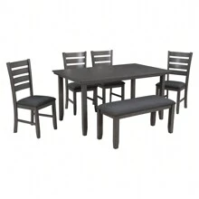 Nestfair Gray 6-Piece Wooden Dining Set with 4 Chairs and Bench