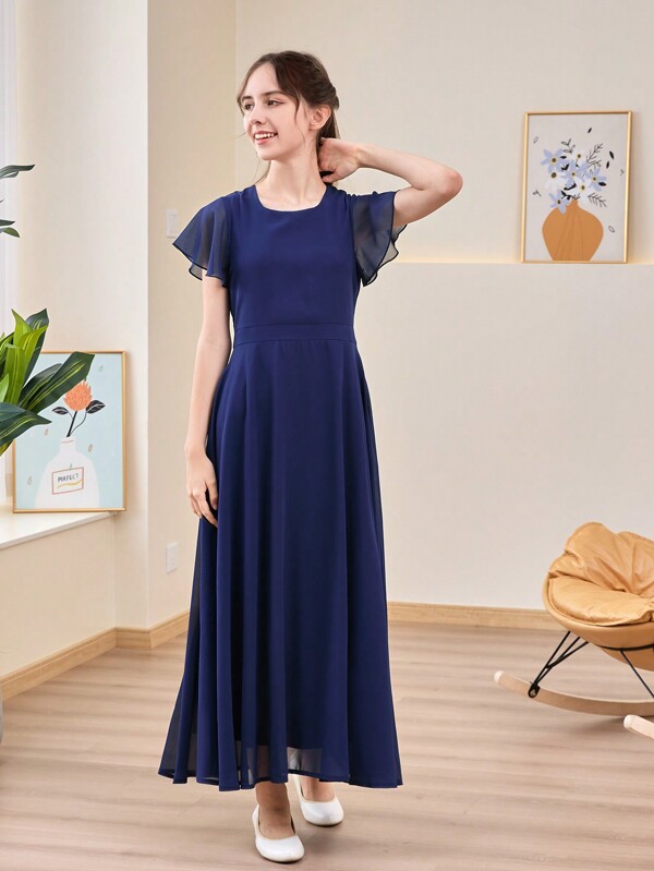 Teenage Girls' Elegant Chiffon Floor-length Bridesmaid Dress With Flutter Sleeves And Square Neckline, Suitable For Outdoor Weddings, Bridesmaid Performances, Banquets, Parties, And Gatherings