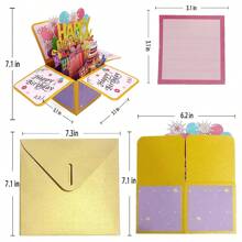 1張生日快樂三維盒式賀卡金色洋蔥粉紅色激光中空生日快樂 - 彩色 - 查看 2