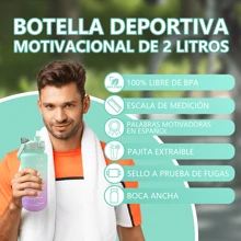 Botella de Agua Deportiva Motivacional 2 Litros, 3pzs Botellas de Agua con Popote y Marcador de Tiempo, Botella de Agua Motivacional Sin BPA, Antifuga Botella para Agua, 2L+900ML+500ML - Verde - Ver 2
