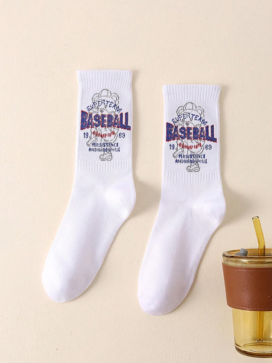 1 Pair Men's Breathable Sweat-absorbing Casual Baseball Style Mid-calf Socks With Letter Pattern Design - White - View 1