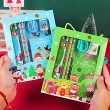 1 pieza Juego de regalo de papelería navideña de 6 piezas para estudiantes de primaria, regalos de aprendizaje navideños para jardín de infantes (1 caja aleatoria)