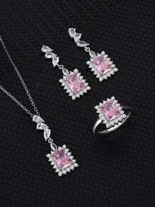 FOREVER QUEEN S925純銀首飾組粉紅色三件戒指項鍊耳環結婚首飾媽媽禮物