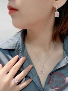 FOREVER QUEEN S925純銀首飾組粉紅色三件戒指項鍊耳環結婚首飾媽媽禮物