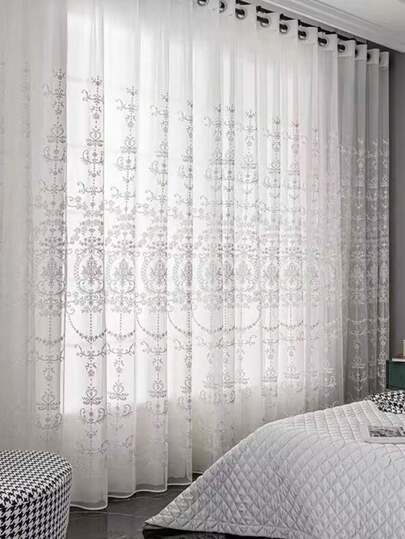 1pc Embroidered Sheer Window Curtain With Grommets, Suitable For Living Room, Balcony And Bedroom In Summer