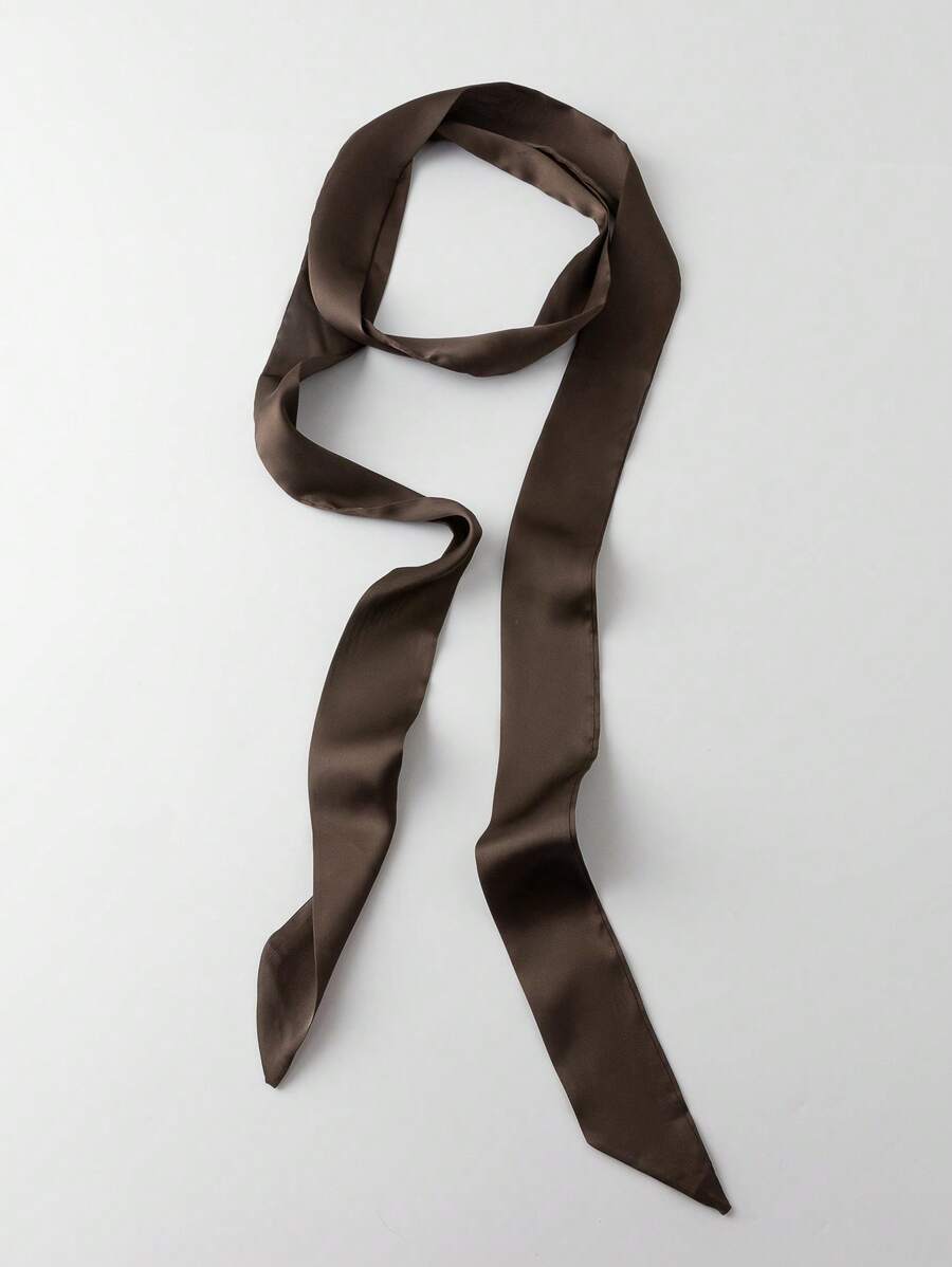 1pc Fashionable Solid Color Long & Narrow Silk Scarf As Accessory, Suitable For Workplace - Coffee Brown - View 1