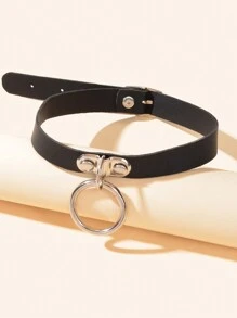 Ring Pendant Buckle Choker - Black - View 1