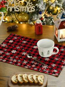 1入組紅黑相間的水牛格紋聖誕桌墊,印有雪花圖案,11.81*17.72英寸,季節性冬季假日鄉村復古可水洗桌墊