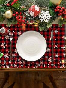 1入組紅黑相間的水牛格紋聖誕桌墊,印有雪花圖案,11.81*17.72英寸,季節性冬季假日鄉村復古可水洗桌墊