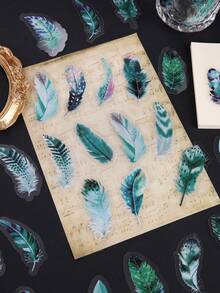 40张防水半透明PVC羽毛主题贴纸，适用于DIY子弹日记 - 綠色 - 查看 4