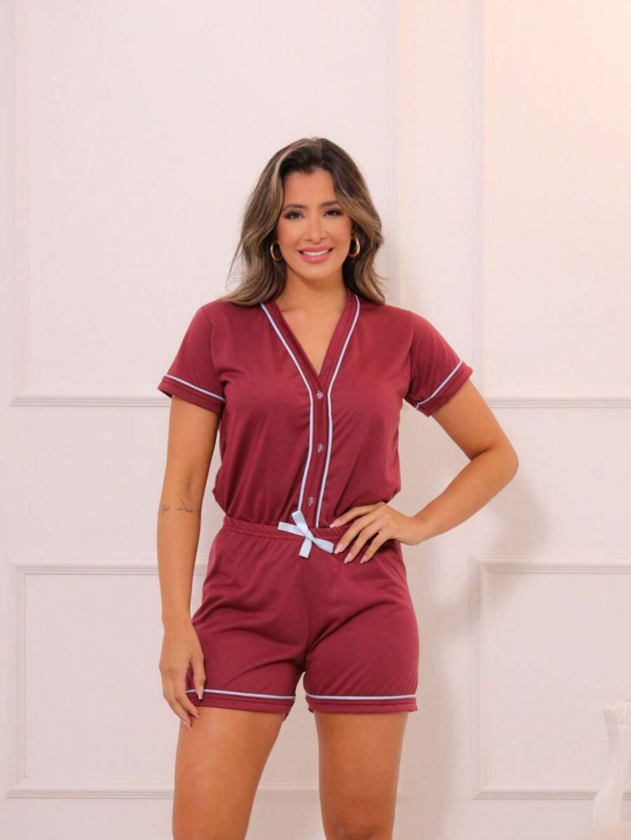Women Pajama Sets - 酒紅色 - 查看 1