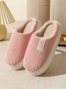 Women's Thickened sole Indoor House Slippers With Marked Pattern Design , Winter Warm Plush Lining, PVC Sole, Couples Slides - Pink - View 1