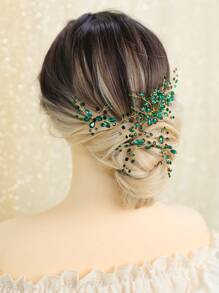 3pcs Women's Hollow Out Green Rhinestone Crystal Flower & Leaf Bridal Hair Comb & Hairpin & Headband Royal