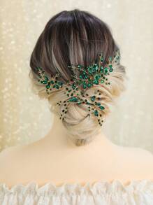 3pcs Women's Hollow Out Green Rhinestone Crystal Flower & Leaf Bridal Hair Comb & Hairpin & Headband Royal