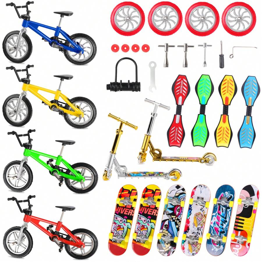 Hxezoc 31 stycken Mini Finger Leksaker Set Finger Skateboards Cyklar Scooter Svängbräda med hjul och verktyg, Mini fingertoppsrörelse Fingerträning för festfavoriter - Multifärgad - Visa 1