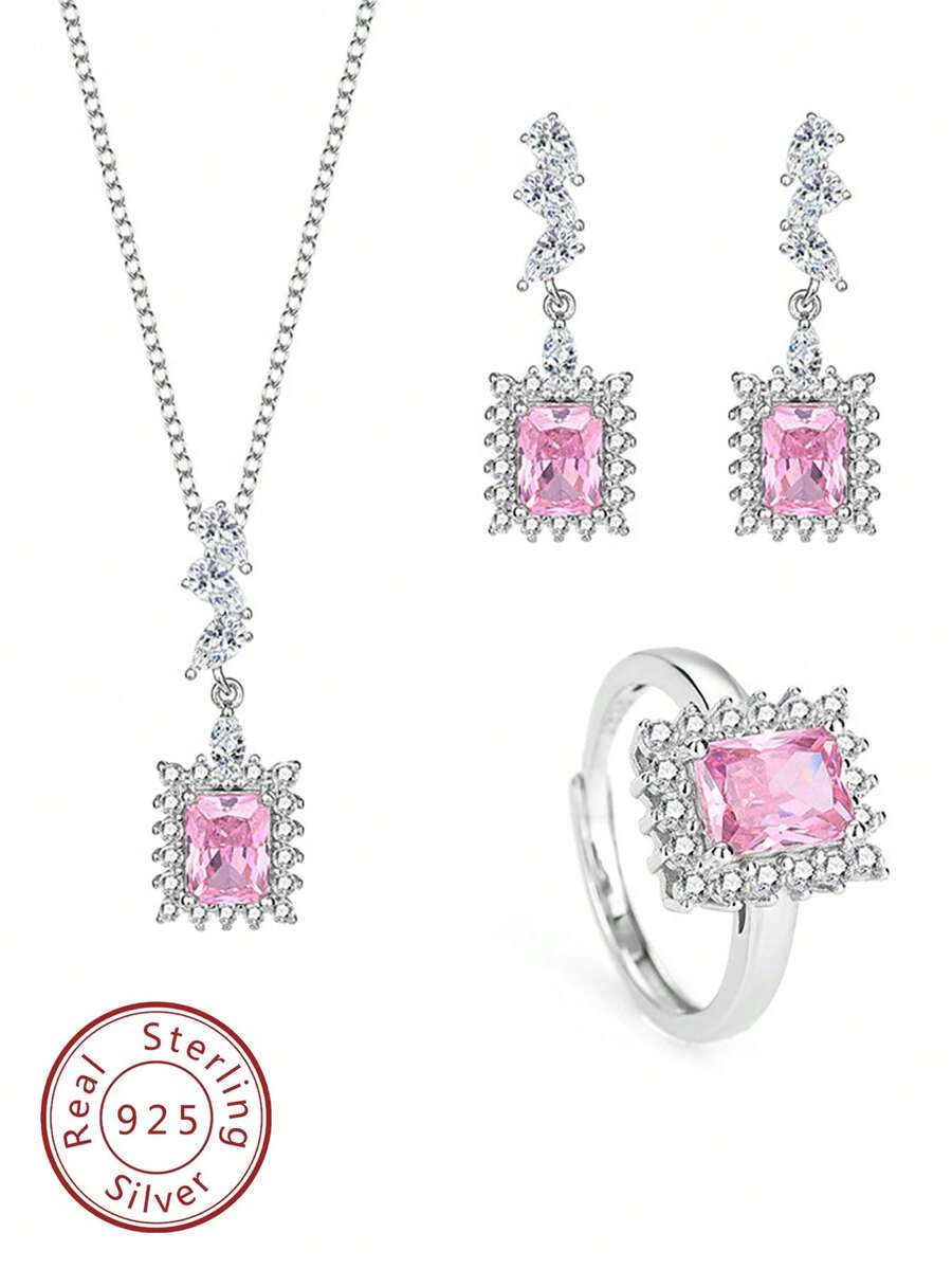 FOREVER QUEEN S925純銀首飾組粉紅色三件戒指項鍊耳環結婚首飾媽媽禮物