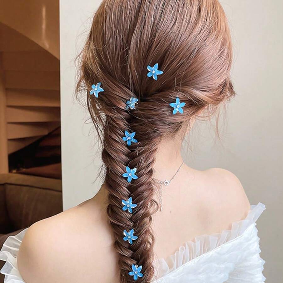 10pcs Blue Flower Hair Clips - Blue - View 1