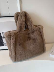 Solid Color Women's Plush Large Capacity Handbag Shoulder Bag Crossbody Bag - Coffee Brown - View 9