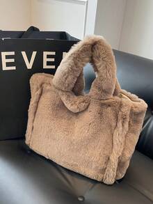 Solid Color Women's Plush Large Capacity Handbag Shoulder Bag Crossbody Bag - Coffee Brown - View 2