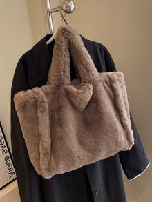 Solid Color Women's Plush Large Capacity Handbag Shoulder Bag Crossbody Bag - Coffee Brown - View 7