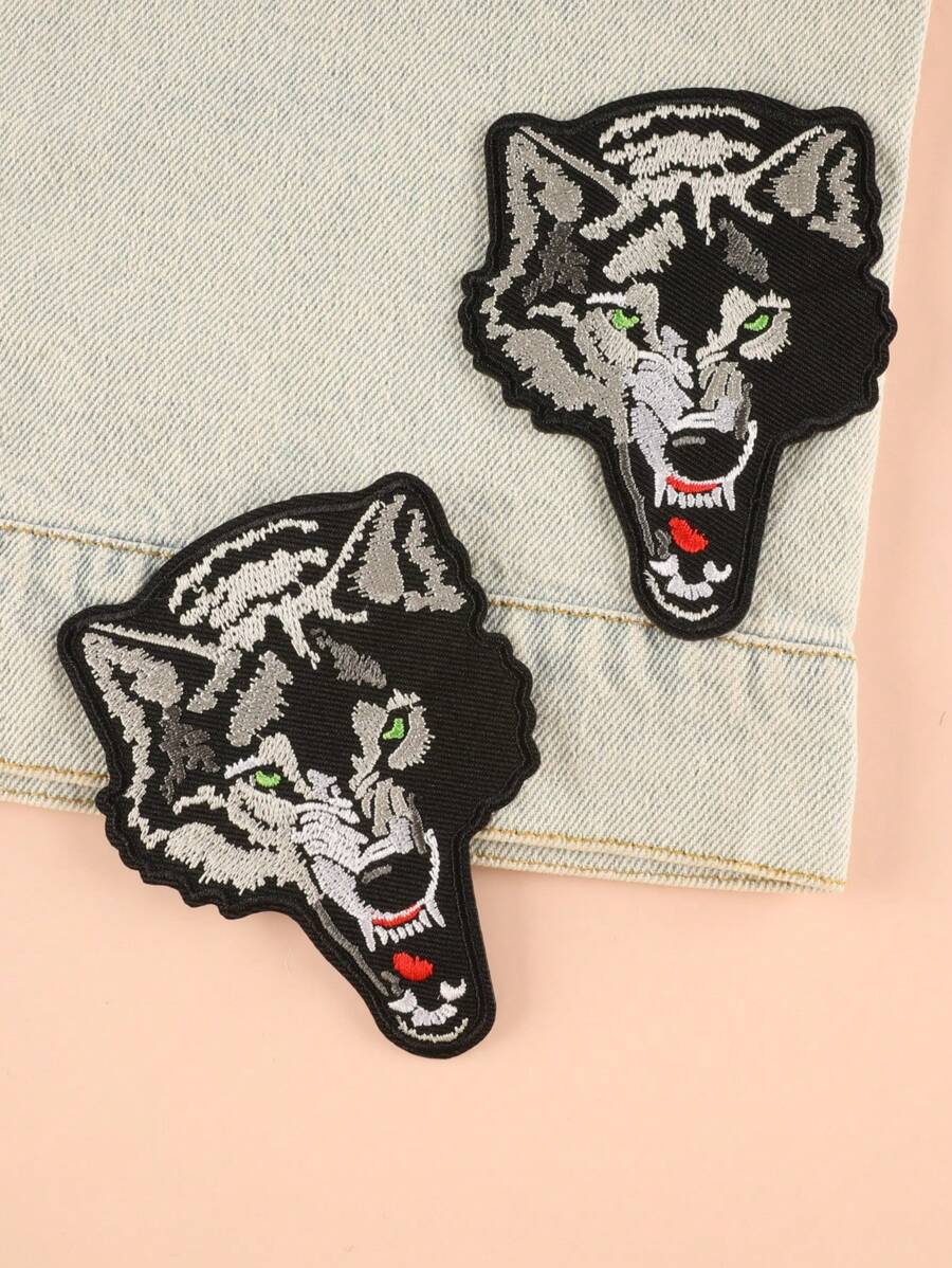 2 piezas de parches de tela de bordado de lobo para ropa, pantalones, gorras, bolsas, zapatos, fundas de teléfono para coser adornos de decoración con plancha para accesorios de disfraces - Multicolor - Ver 1
