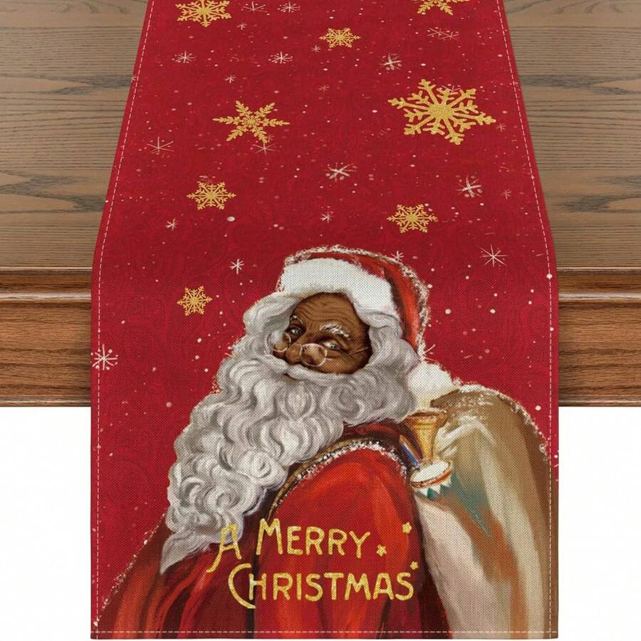 1pc Linen Santa Claus Decorative Table Runner For Christmas - snowflake santa - View 1