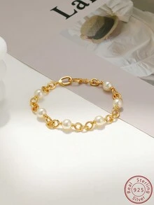 Cici Color 1 套热销新款，18k 镀金，S925 银镶嵌白色圆形仿珍珠，奢华珠链手链 + 链条项链，适合女性日常聚会、生活、约会、旅行，配礼盒 - 金黃色 - 查看 3