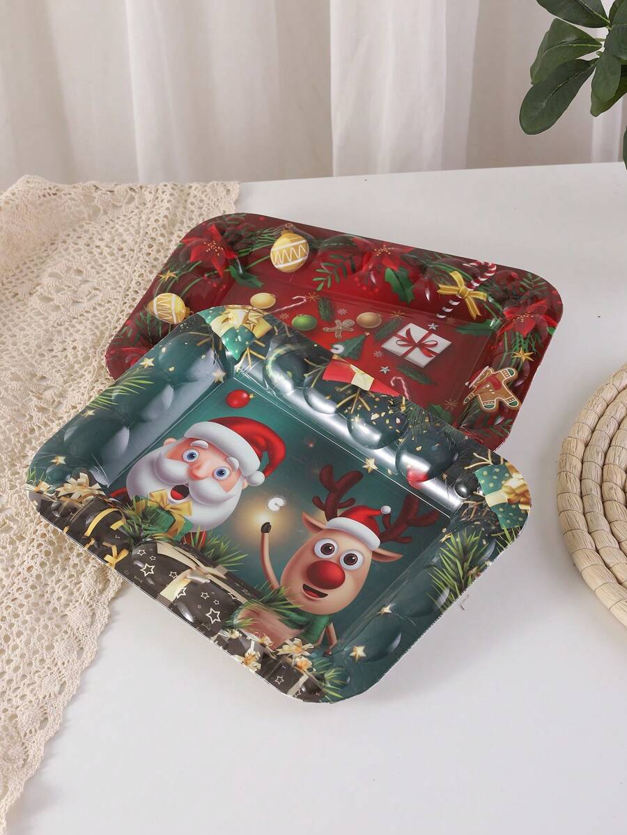 1/2 Pieces Plastic Fruit Tray For Christmas Theme Party, Rectangular Fruit Tray For Family Living Room Table, Reusable Candy Dim Sum Storage Tray - Multicolor - View 1