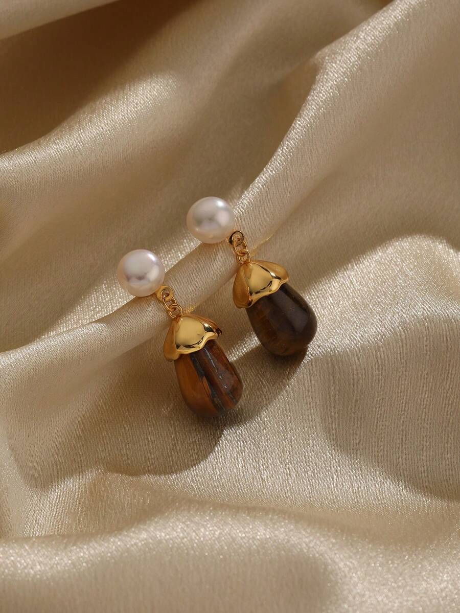 1對經典 & 豪華 & 复古風格耳環,配有天然石和珍珠細節,適用於假日派對