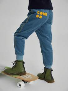 Annil 男童用純棉灰垂鬆緊緞褲，保暖長款棉質腳套設計，藍色