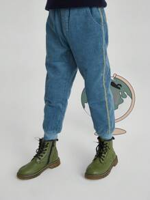 Annil 男童用純棉灰垂鬆緊緞褲，保暖長款棉質腳套設計，藍色