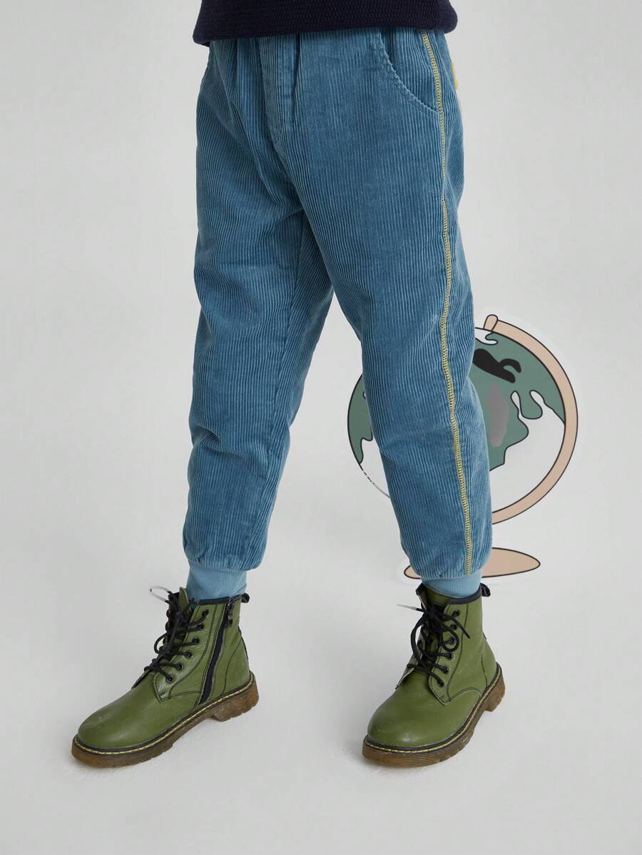 Annil 男童用純棉灰垂鬆緊緞褲，保暖長款棉質腳套設計，藍色