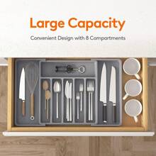 Silverware Organizer, Expandable Utensil Tray for Drawer, Adjustable Flatware and Cutlery Holder, Compact Plastic Drawerstore Holding Spoons Forks Knives, Large Grey - Grey - View 2