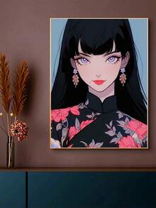 動漫插圖風格旗袍與多個美麗女子鑽石畫,新品上市,圓形或全鑽,diy馬賽克,適用於客廳家居裝飾,壁畫,創意刺繡,1套 - 彩色 - 查看 2