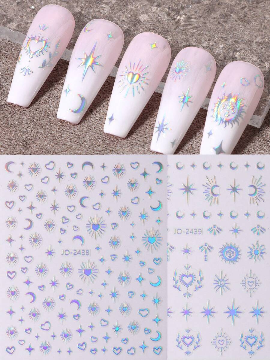 2 件裝雷射美甲貼紙心形星星月亮太陽設計 Y2k 自黏滑塊貼花 - 銀色 - 查看 1
