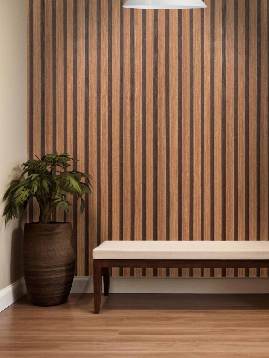 Papel de Parede Autocolante 3D Imitando Madeira – Envelopamento de Móveis e Paredes, 5m x 45cm, Lavável e Fácil de Aplicar - listras marrons - Visão 1